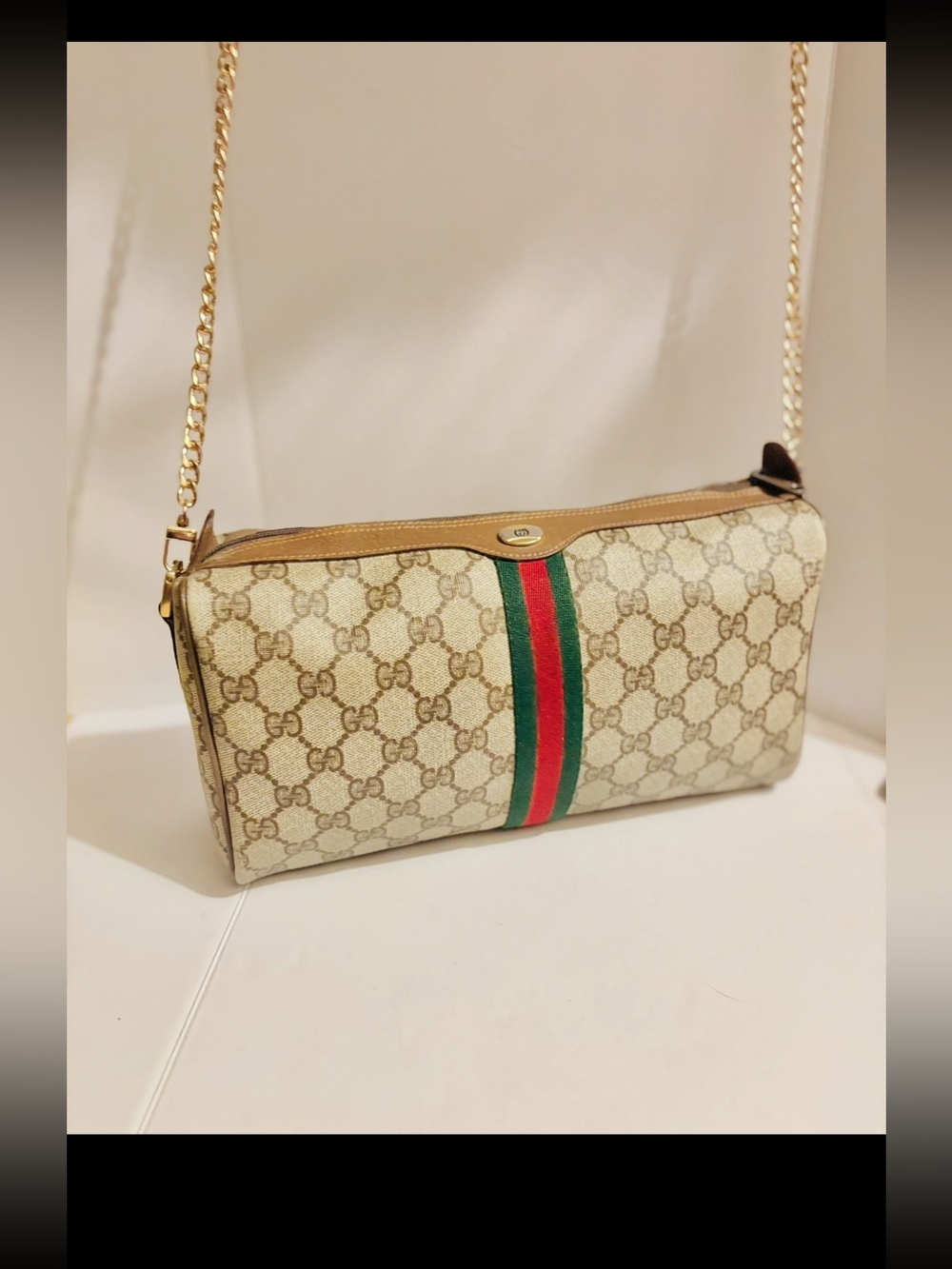 Gucci Beige Monogram Crossbody Bag with Green and Red Stripe